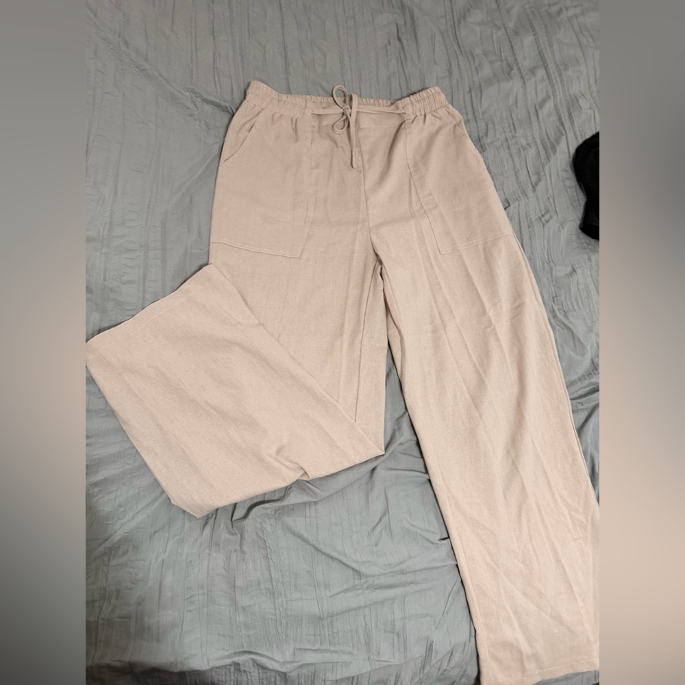 Elegant Cream linen Wide Leg Pants